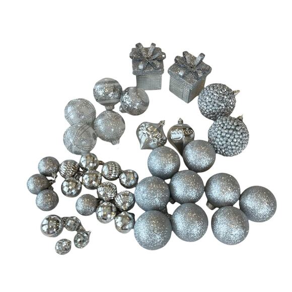 28- Silver Assorted Shatterproof Ornaments 1.5”-4” Shiny Glittery See Pic EUC - Picture 1 of 12
